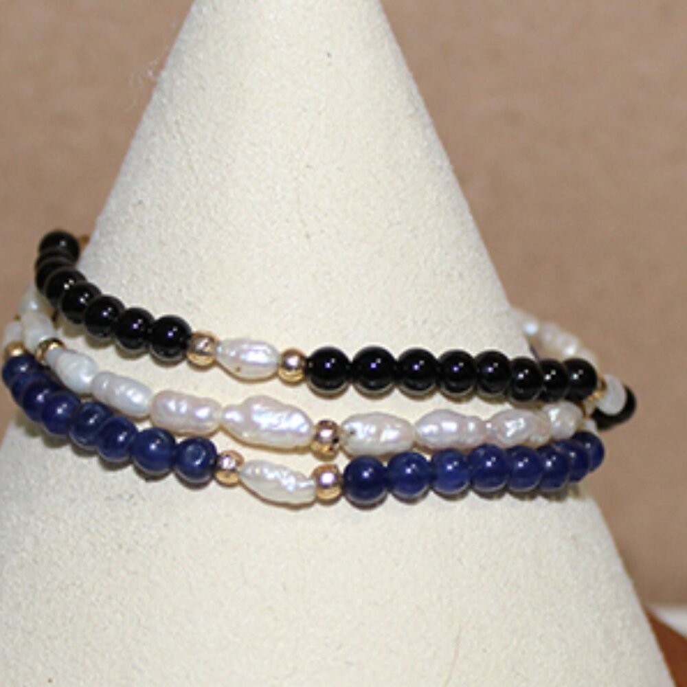 Three 14K Gemstone Bracelets (Onyx, Seed Pearls, Lapis, and Gold Beads)